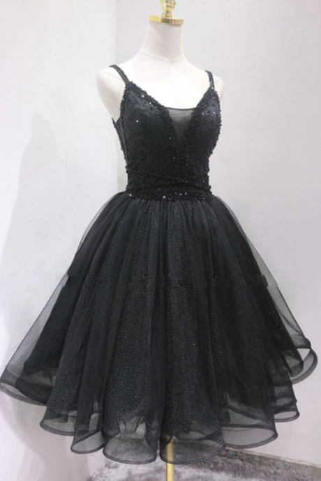 Homecoming Dresses, Black Tulle Beads Short Prom Dress, Black Homecoming Dress