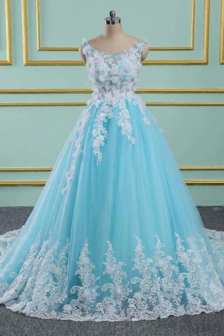 Blue Floral Prom Dresses Tulle Lace Appliques Sheer Neck Princess Ball Gown Vintage Evening Dress