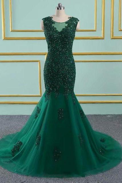 Floor Length Prom Dresses Tulle Beaded Appliques Mermaid Dark Green Vintage Evening Dress