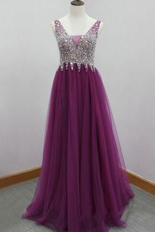 Tulle A-line Prom Dress,long Evening Dress,beading Prom Dress ,charming Prom Dress
