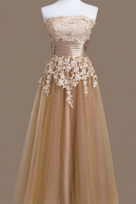 Champagne prom dress,A-line lace appliques prom dresses