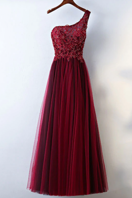 Prom Dresses, One Shoulder Long Prom Dress, Lace Evening Dress