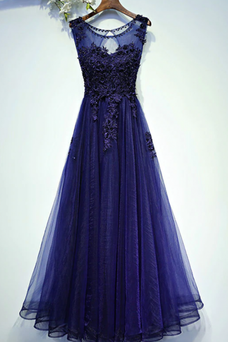 Prom Dresses,round neck lace tulle long prom dress, evening dress