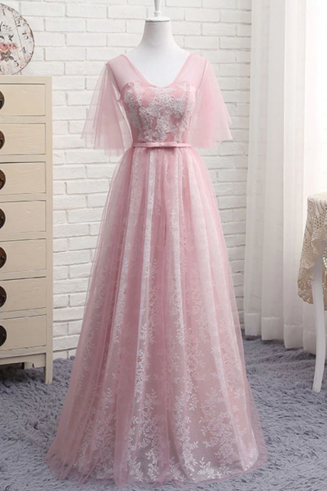 Prom Dresses, A line v neck lace tulle long prom dress, lace evening dress