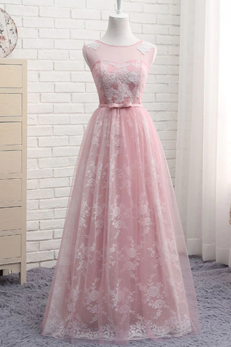 Prom Dresses, A line round neck lace tulle long prom dress, lace evening dress