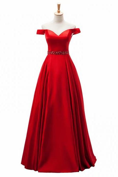 Red Evening Dress Pageant Dresses Off Shoulder Beading Fashion Satin Evening Gown Competition Gown