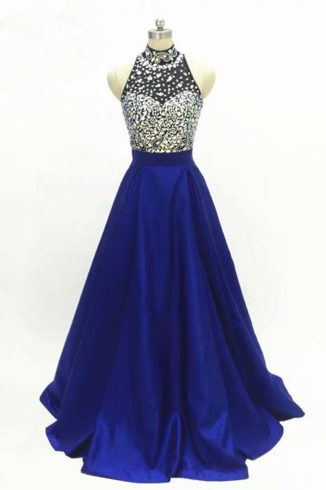 Royal Blue Crystal Beaded Prom Dresses Fashion A-line Chiffon Evening Gowns Formal Imported Party Dress