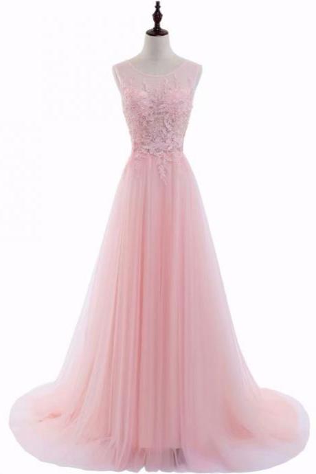 A Line Prom Dresses Scoop Neck Sleeveless Sheer Back Sweep Train Tulle And Lace Applique Party Dress Formal Gown