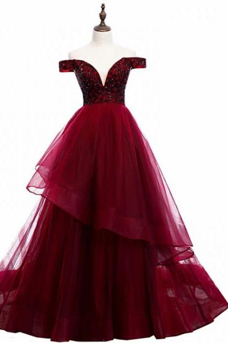 Charming Burgundy Prom Dresses Long Women's Sexy A-line Tulle Lace Applique Floor Length Evening Party Gowns
