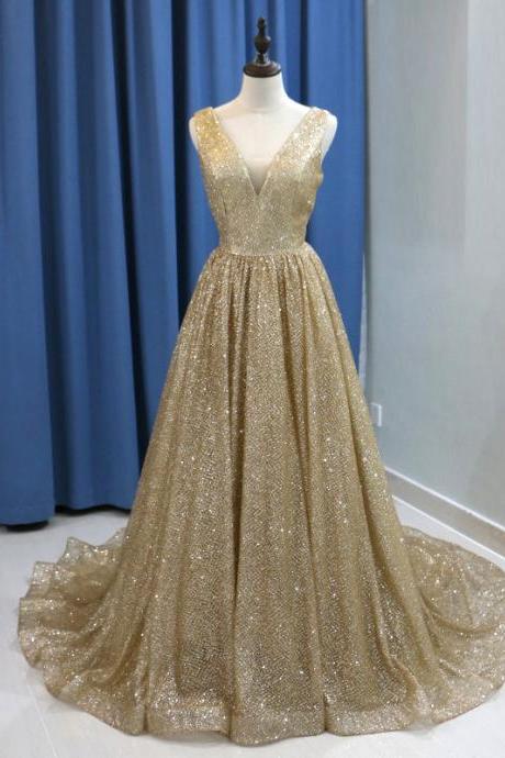 Sexy Gold Sequin Arabic Evening Dress Long Dubai Prom Dresses V-neck Backless Plus Size Women Formal Gowns