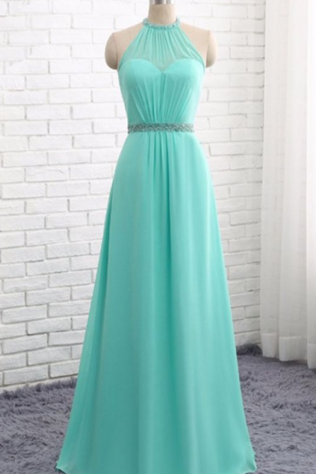A-line Blue Prom Dresses Chiffon Halter Beaded Evening Gowns