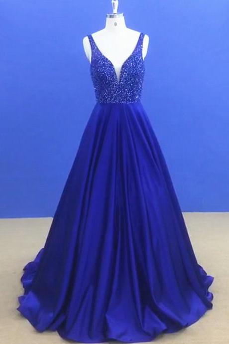 Stunning Royal Blue Formal Dresses Long Satin Beaded Evening Prom Gowns With V Neck