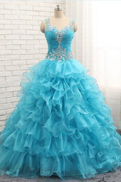 Blue Quinceanera Dresses,luxury Crystal Ruffles Prom Gowns,blue Prom Dresses,prom Dress,fashion Sweetheart Organza Prom Dresses,custom Made Prom