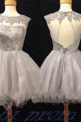 Grey Homecoming Dress,2015 Modest Silver Gray Homecoming Gown,Grey Tulle Homecoming Gowns With Open Back Sequins Party Dress,Backless Sweet 16 Dresses,Short Cocktail Dress,Formal Gowns for Summer