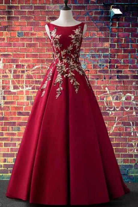 Charming Wine Red Satin Party Dress With Lace Applique, Dark Red Prom Dress