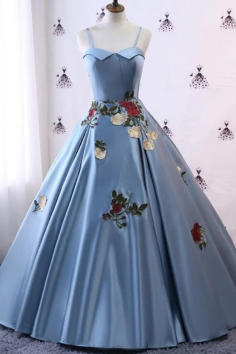 Prom Dresses Satin Spaghetti Straps Lace Applique Prom Dress