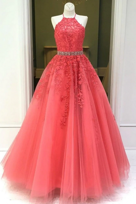 Prom Dresses Lace Long Prom Dress, Coral Lace Formal Graduation Evening Dress