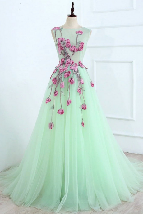 Prom Dresses Sleeveless Tulle Formal Dress With Appliques, Long Tulle Prom Dress