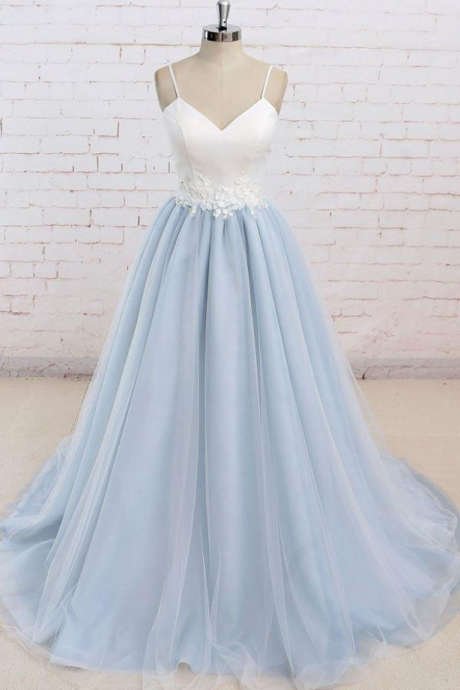Prom dresses Spaghetti Strap Prom Dress with Appliques, Floor Length Tulle Prom Gown