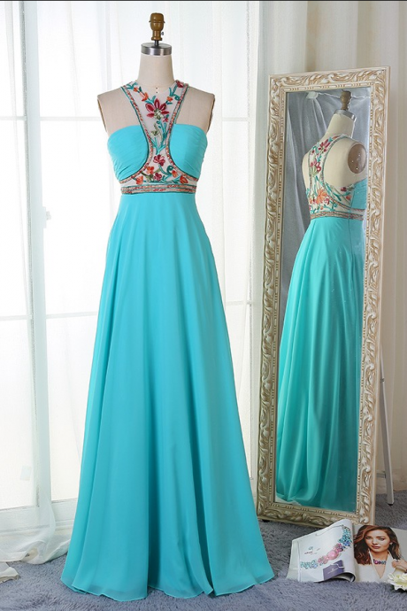 Prom Dresses A-line Jewel Floor-length Chiffon Prom Dress With Embroidery Pleats
