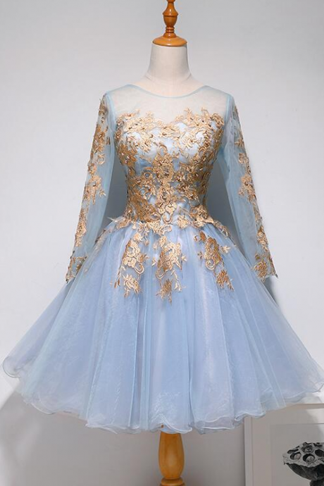 Long Sleeves with Gold Lace Cute Homecoming Dress, Short Prom Dress