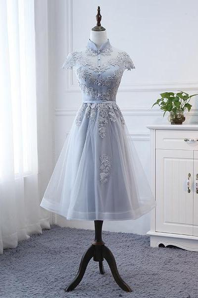 Tulle With Lace Short Party Dress Homecoming Dress, Cap Sleeves Formal Dress