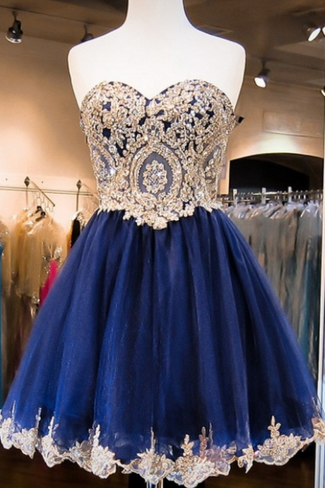 Sweetheart Neck Lace Homecoming Dress Navy Blue Short Prom Dress,a Line Mini Length Graduation Dresses