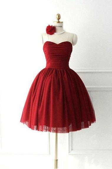 Simple Tulle Sweetheart Short Prom Dress, Ball Gown Burgundy Homecoming Dress ,mini Length Party Gown Bridesmaid Dress, Cocktail Dresses