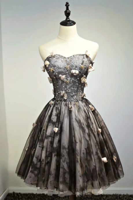 Black Lace Tulle Short Prom Dress, Black Homecoming Dress