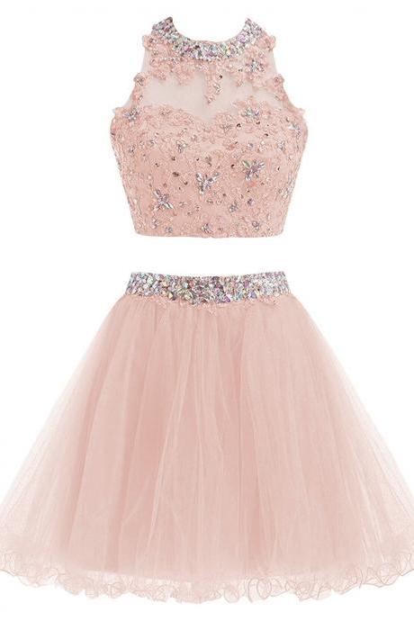 Two Piece Tulle Homecoming Dresses, Beaded And Lace Short Party Dresses, Prom Dress