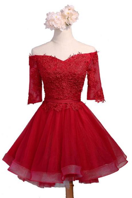Lace Appliques Off-the-shoulder Half Sleeves Knee Length Tulle Ruffled Skater Homecoming Dress Featuring Lace-up Back