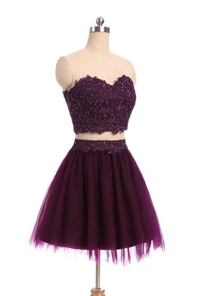 Two Piece Tulle Homecoming Dress, Sweetheart Applique Cute Formal Dress