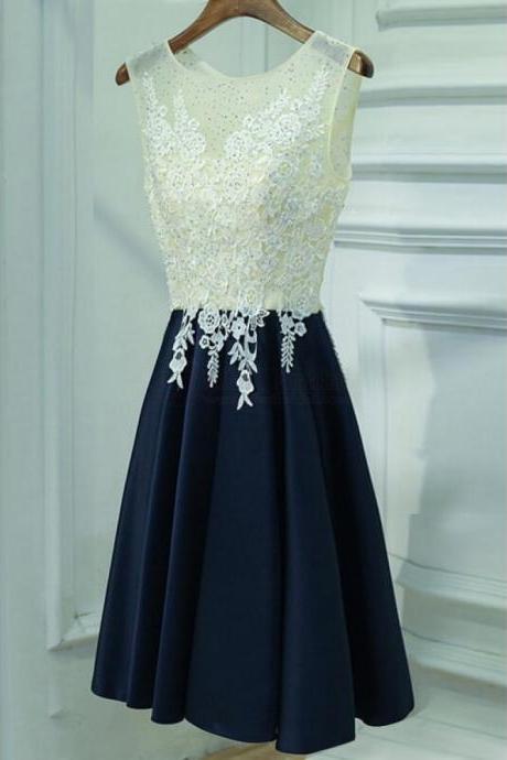 Blue Beaded Satin And Lace Homecoming Dresses, Short Party Dresses, Knee Length Prom Dress
