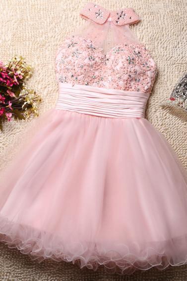 Lovely Pink Tulle Homecoming Dresses, Beaded And Pearl Short Prom Dresses, Cute Formal Dresses