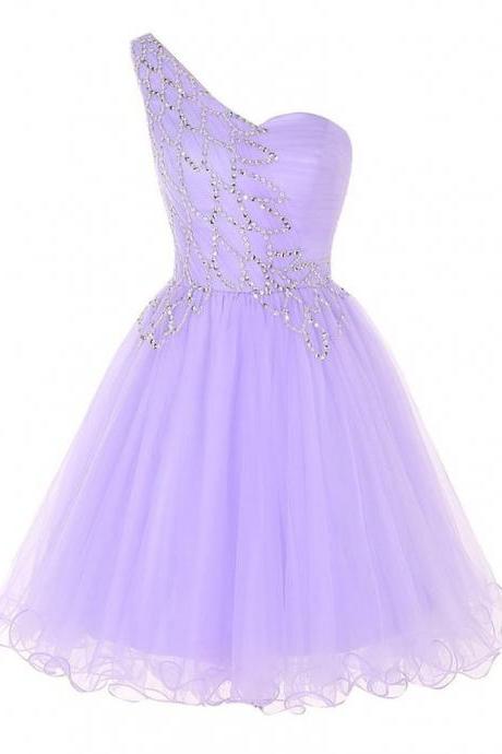 Lavender Short Tulle Homecoming Dresses, One Shoulder Party Dresses, Prom Dress