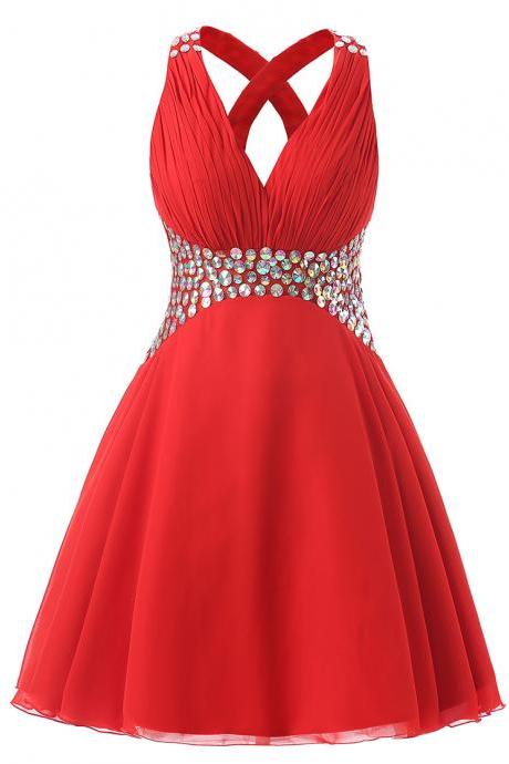 Simple Red Short Chiffon Knee Length Beaded Homecoming Dresses, Red Party Dresses, Red Short Prom Dresses