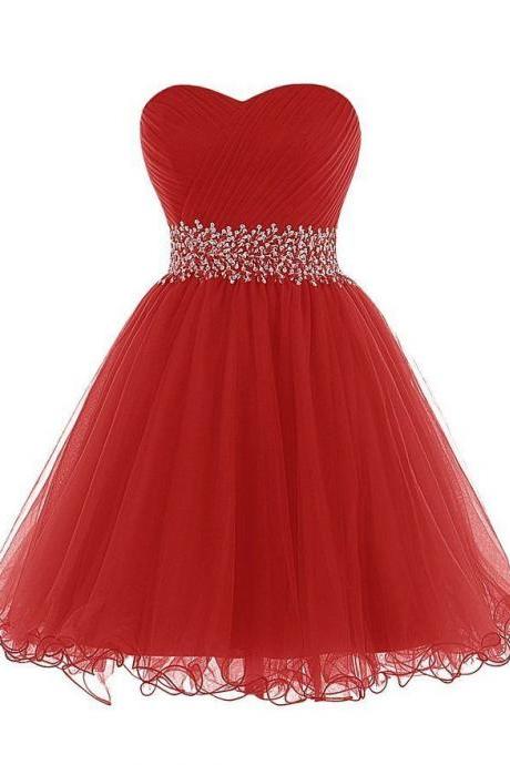 Tulle Red Crystal Sparkly Short Homecoming Dress, Lovely Formal Dresses, Sweet Dresses