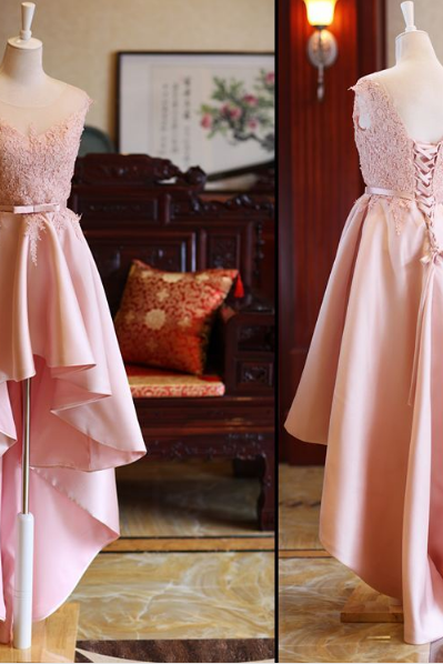 Cute High Low Homecoming Dresses, Lace-up Formal Dresses, Lovely Satin Pink Prom Dresses