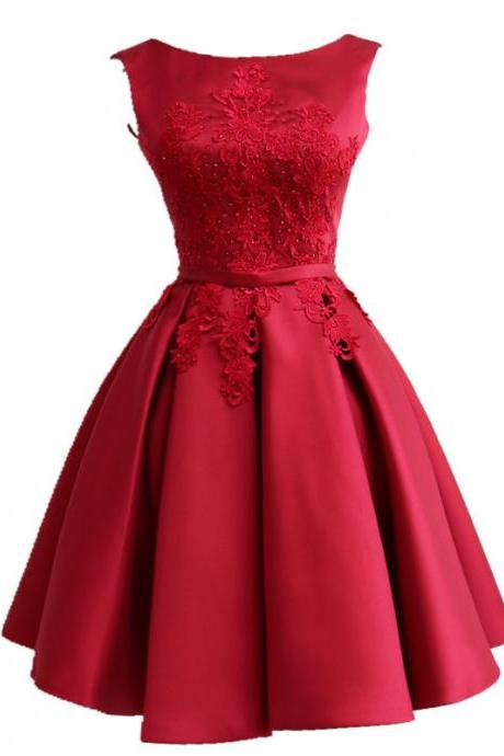 Red Round Neckline Short Satin Party Dresses, Red Formal Dresses, Party Dresses