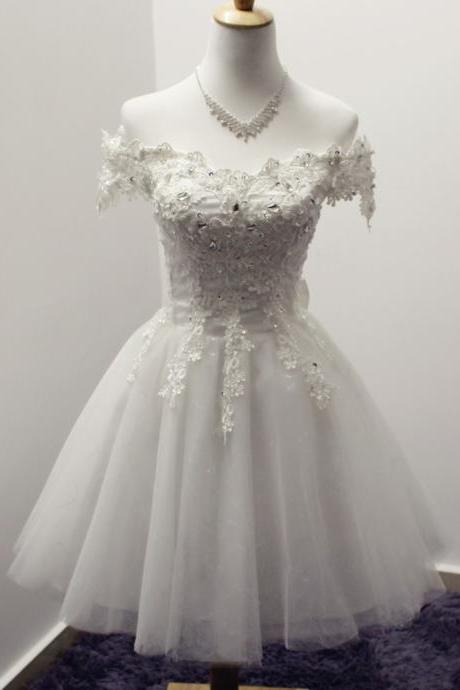 Cute White Lace Applique Homecoming Dress With Bow, Short Prom Dresses, Graduation Dresses