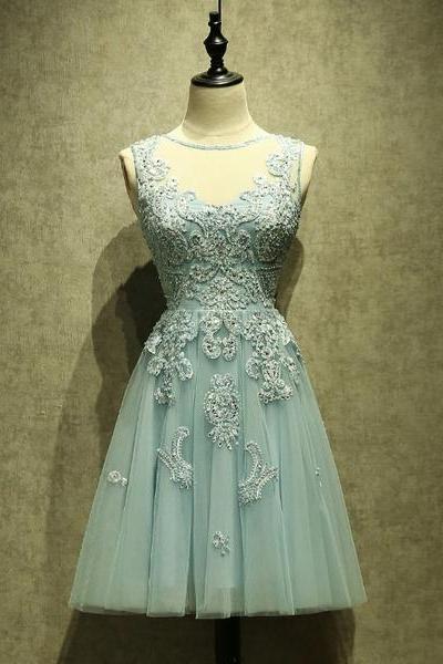 Tulle Short Lace Beaded Knee Length Wedding Party Dress, Lovely Homecoming Dress Prom Dress