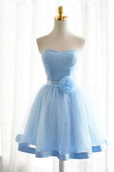 Light Blue Tulle Sweetheart With Bow Cute Party Dress, Blue Short Homecoming Dress Prom Dress