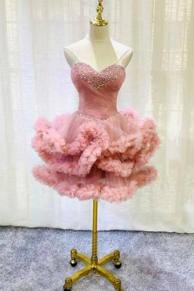 Lovely Pink Sweetheart Beaded Short Cocktail Dress, Pink Homecoming Dress, Party Dress