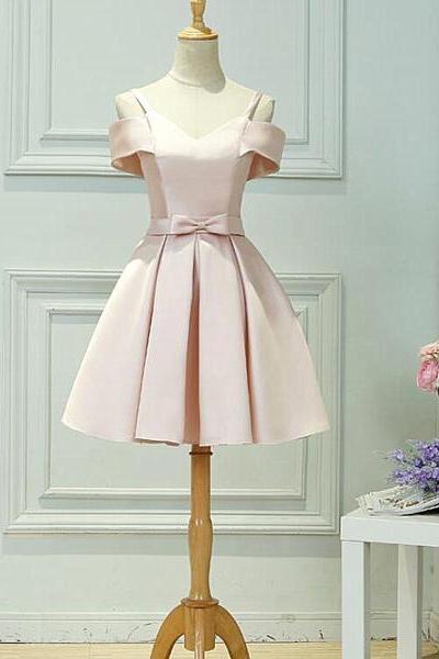 Light Pink Satin Knee Length Off Shoulder Party Dress, Short Pink Homecoming Dress