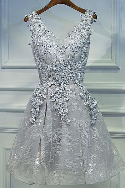 Light Grey Short V-neckline Lace Applique Party Dress, Grey Homecoming Dress
