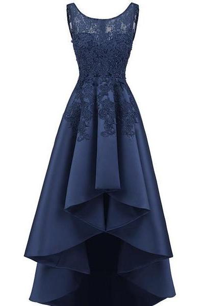 Navy Blue Lace Beaded Wedding Party Dresses, High Low Bridesmaid Gowns Formal