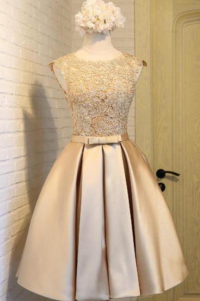 Lovely Satin Gold With Lace Knee Length Prom Dress, Short Party Dress