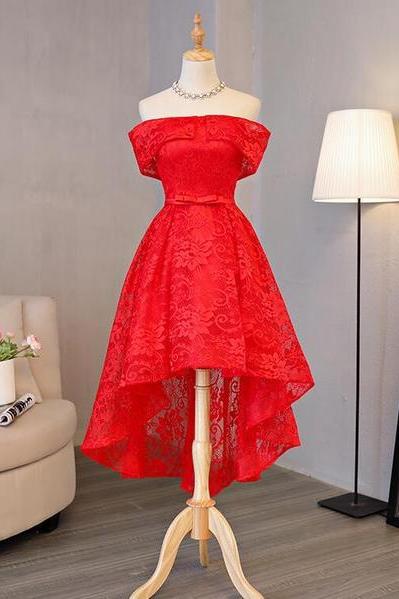 Beautiful Red Lace High Low Off Shoulder Wedding Party Dress, Red Homecoming Dress