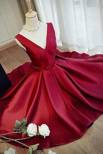Lovely Wine Red Satin Knee Length Party Dress, Burgundy Homecoming Dress