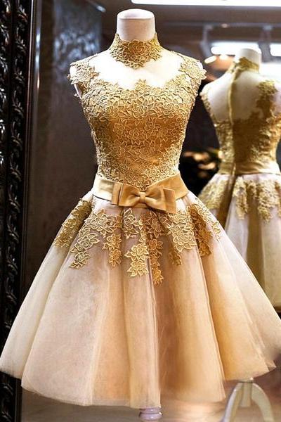 Champagne Tulle With Applique Elegant Vintage Style Prom Dress, Knee Length Junior Prom Dress